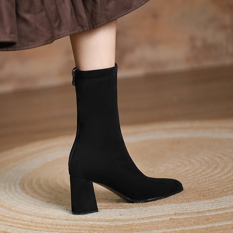 2025年秋季新款软皮靴子女高跟弹力瘦瘦靴短靴尖头粗跟中筒靴裸靴