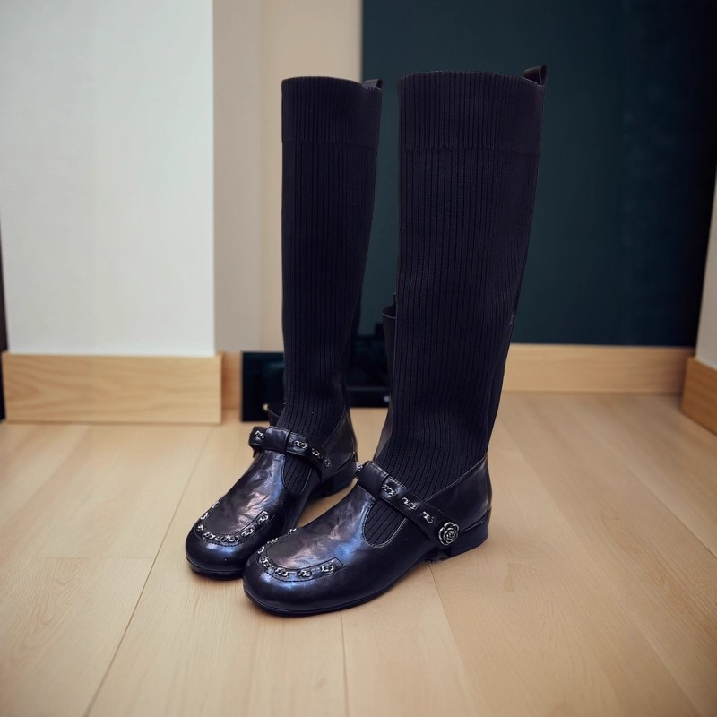 软皮拼接针织弹力长靴女欧洲站2025新款圆头山茶花瘦瘦靴长筒袜靴