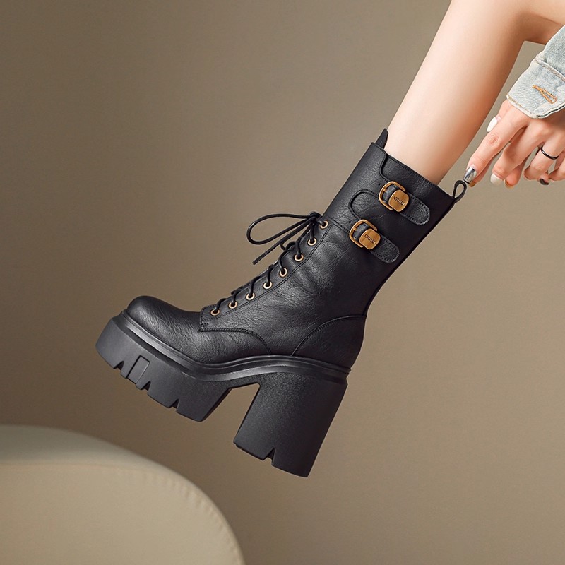 软皮12cm粗跟厚底中筒靴2025秋冬新款小个子超高跟圆头系带马丁靴