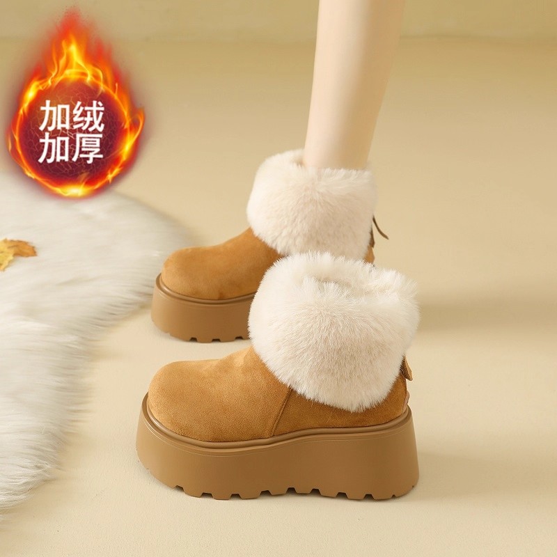 巨好穿欧货磨砂皮翻领两穿毛毛雪地棉靴厚底松糕小个子超高跟短靴