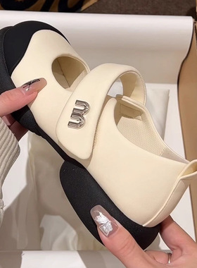 日系白色法式玛丽珍小皮鞋女2024新款厚底魔术贴小香配裙子女凉鞋