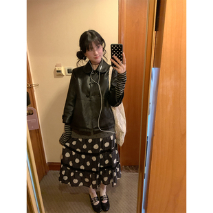 皮夹克外套 黑翻领双排扣短皮衣2026春复古中袖 MOWENTI文文婷 经典