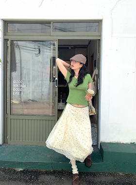 MOWENTI文文婷 法式复古碎花绿色纱裙2025夏季女小清新高腰半身裙