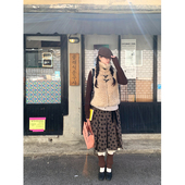 MOWENTI文文婷 复古风咖黑碎花系带半裙2025女冬假二件蕾丝半身裙