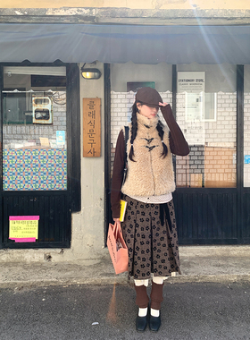 MOWENTI文文婷 复古风咖黑碎花系带半裙2025女冬假二件蕾丝半身裙