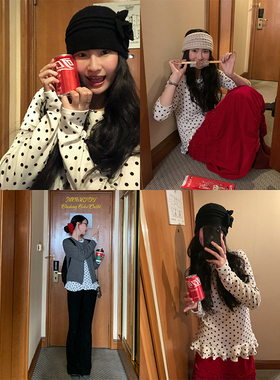 MOWENTI文文婷  白色波点荷叶边长袖小衫2024冬复古街头减龄上衣