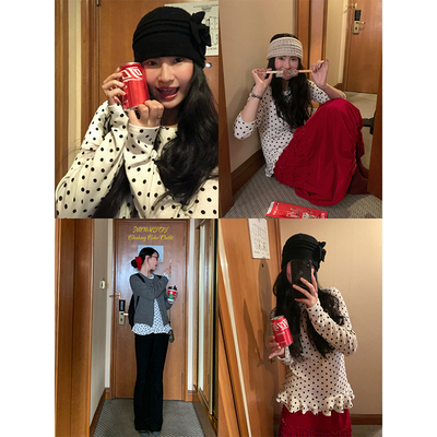 MOWENTI文文婷  白色波点荷叶边长袖小衫2024冬复古街头减龄上衣