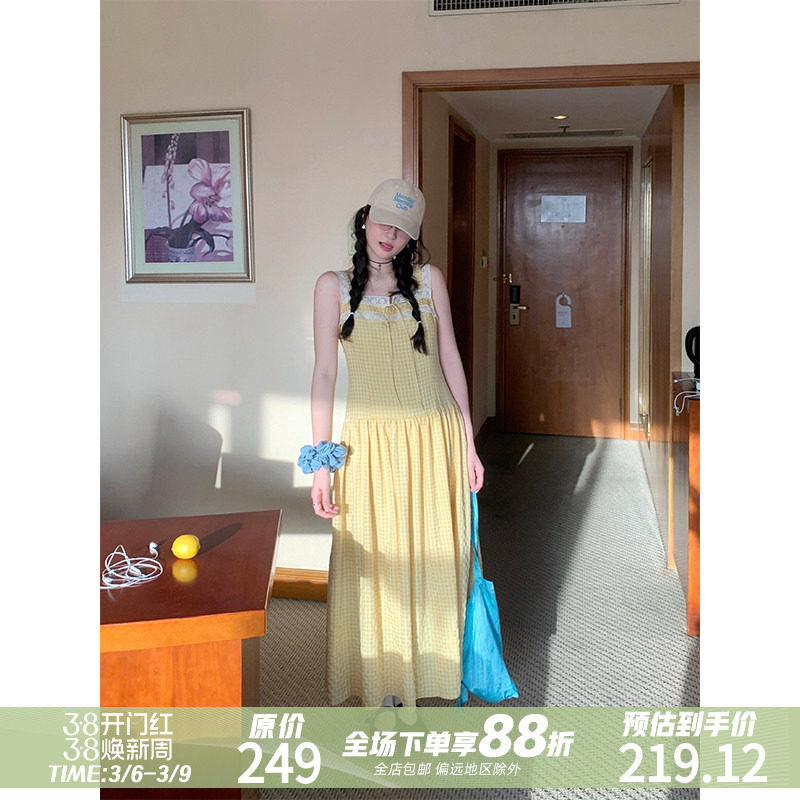 MOWENTI文文婷 复古格纹蕾丝拼接无袖连衣裙2026女春蜂蜜与雏菊裙