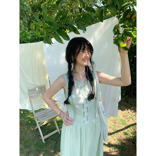文文婷森系薄荷绿棉麻无袖连衣裙