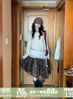 MOWENTI文文婷 温柔蕾丝拼纱针织衫2026年新品女软fufu内搭上衣