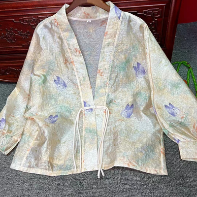 新中式国风盘扣上衣女2024夏季新款复古印花四经绞罗薄款防晒开衫