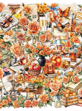 100张复古橙色花朵贴纸平板电脑手账本手机壳日记装饰PET贴画DIY