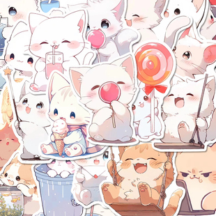 108张可爱白猫卡通贴纸ins风超萌猫咪diy笔记本手机壳iPad防水