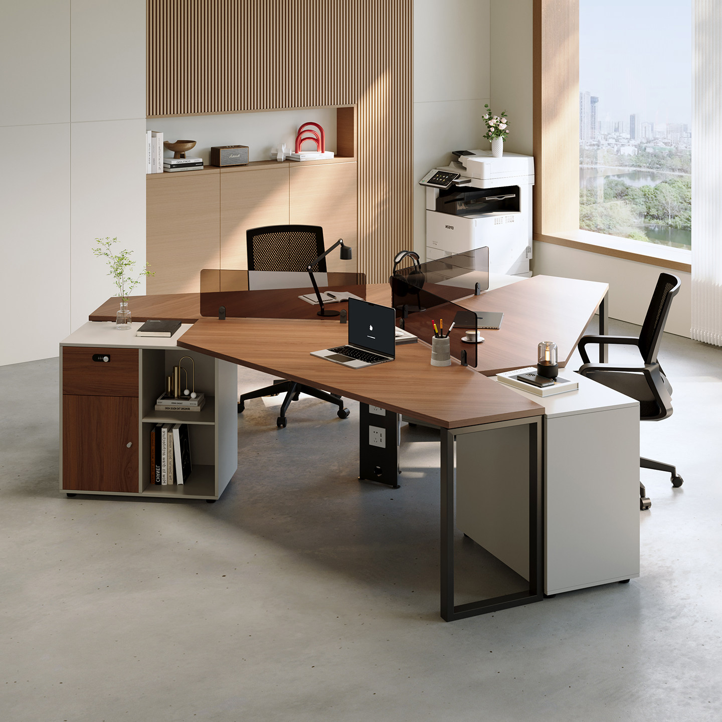 现代简约实木办公桌员工位多人位组合带储物柜多边形创意屏风桌子