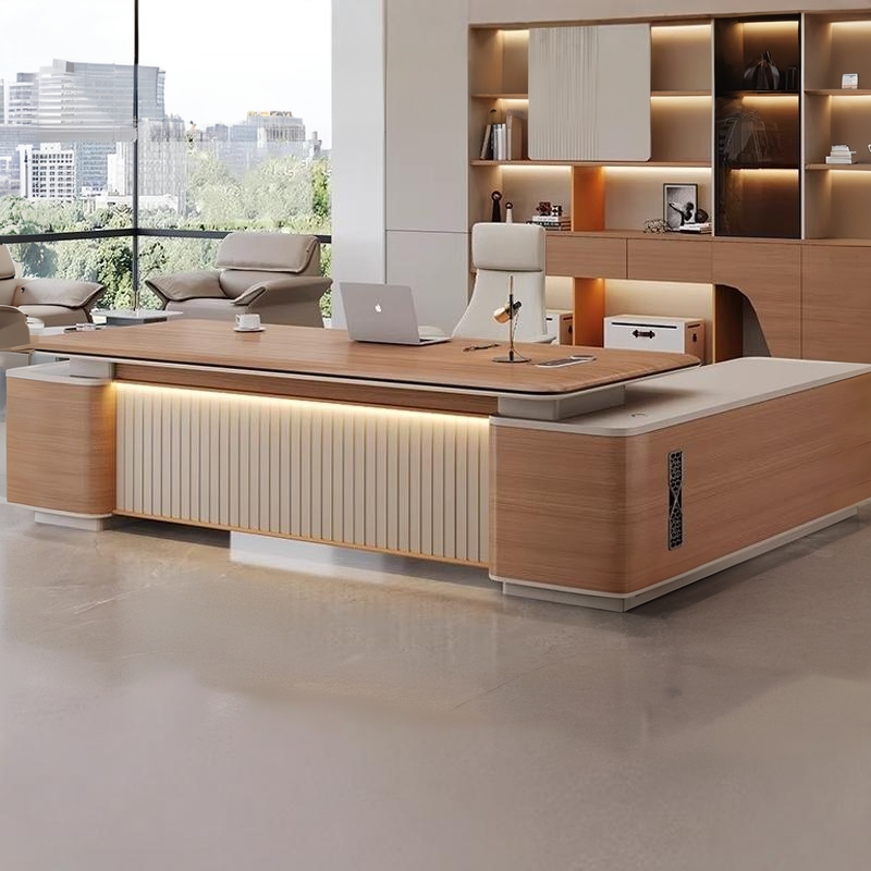 老板桌轻奢高级感置物架隐藏式主机位简约现代风格收纳大班台办公