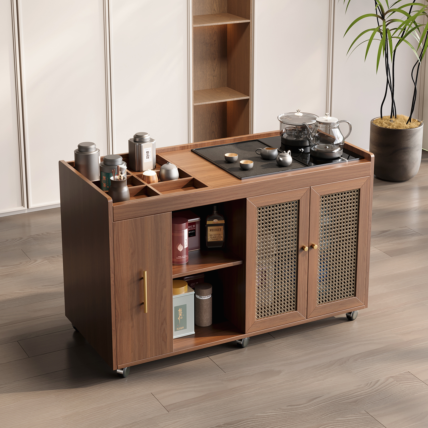 实木移动实木茶水柜带烧水壶一体