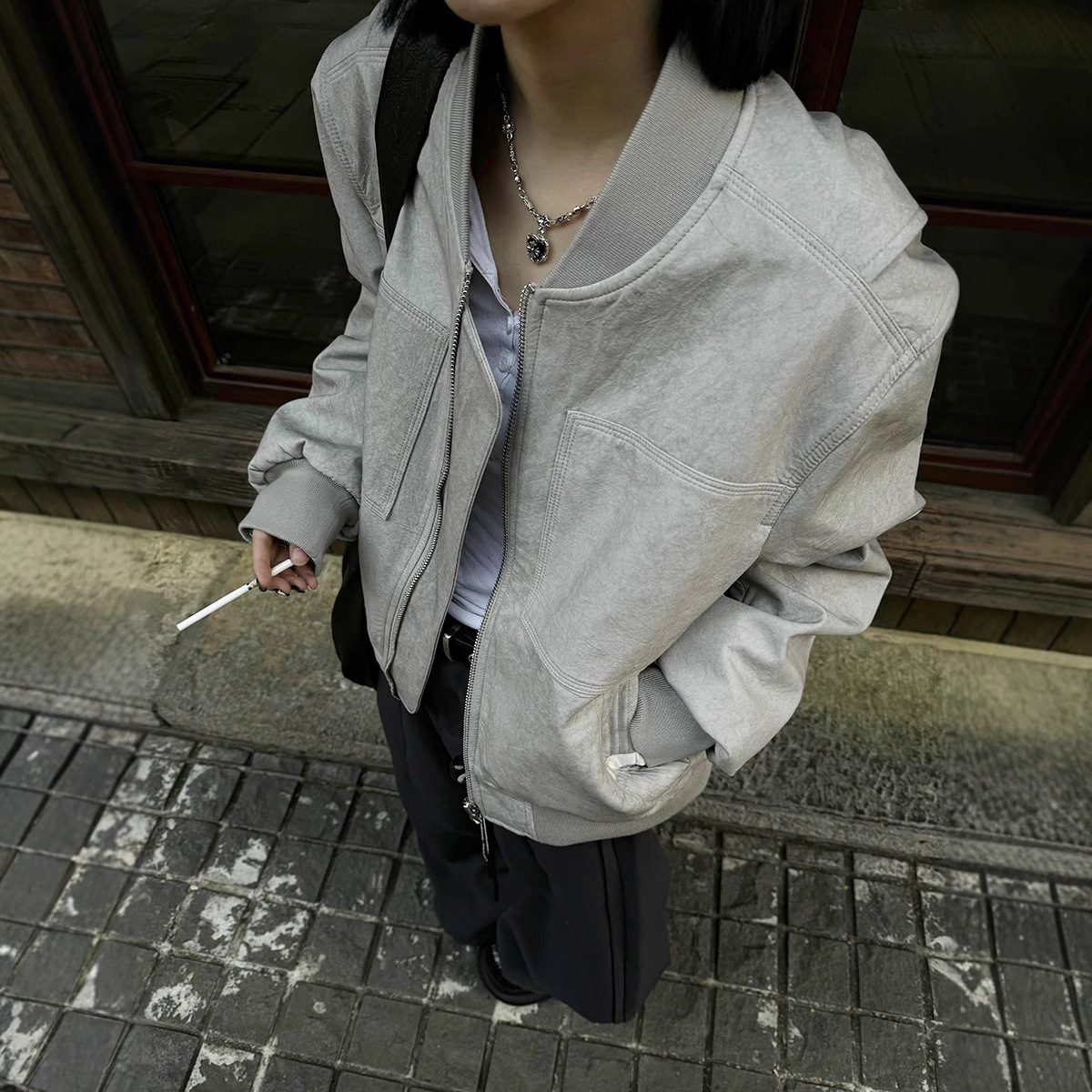 美式复古石灰短款bomber夹克男宽松休闲中性风棒球服外套女国