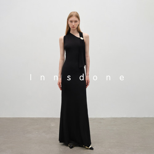 Innsdone莫代尔黑色扭结连衣裙女2026新款舒适亲肤收腰显瘦长裙子