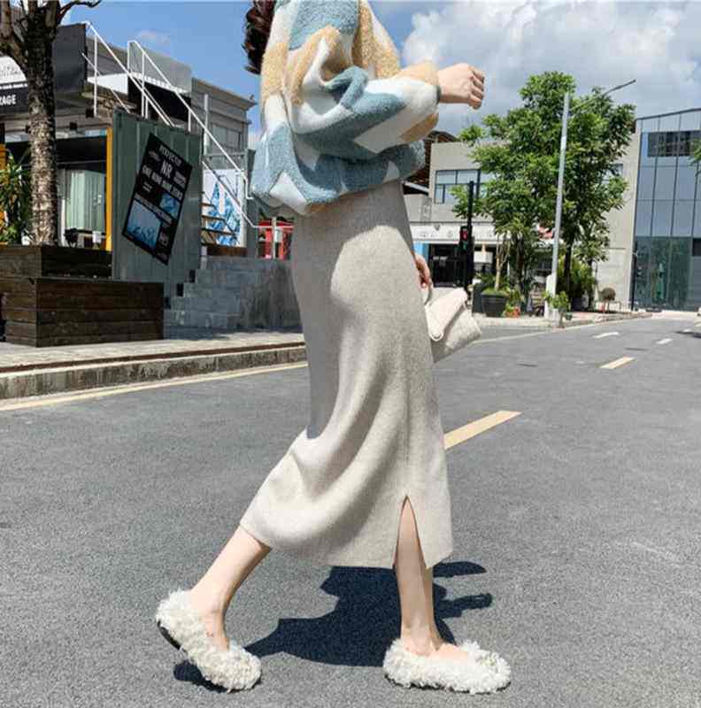 孕妇针织a字半身裙潮妈春秋冬季中长款开叉高腰包臀裙冬天配毛衣