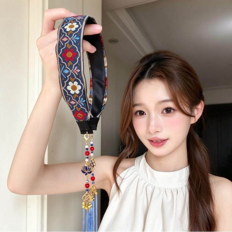 民族风刺绣流苏发箍莲花珠串女古风印花新中式高颅顶头箍发卡头饰