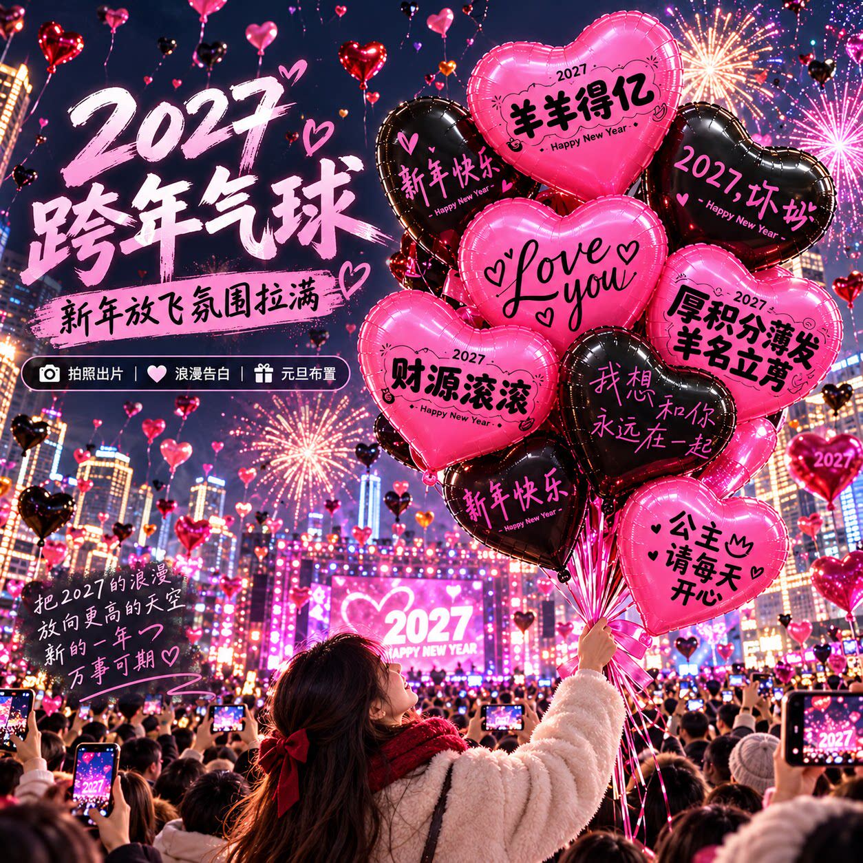 2027跨年气球元旦放飞新年情侣告白浪漫氛围布置爱心气球拍照道具