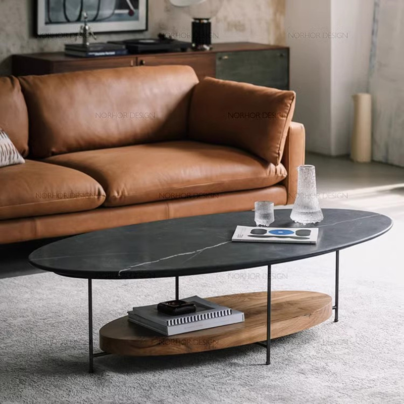北欧简约现代小户型双层岩板实木椭圆形茶几家用黑色矮窄茶咖啡桌