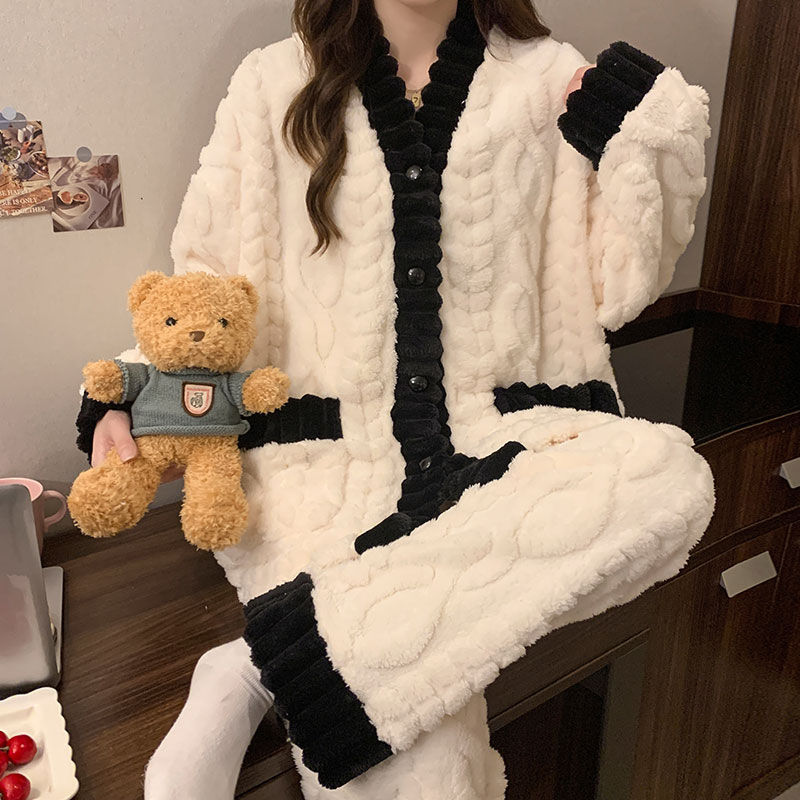 珊瑚绒睡衣女秋冬季新款加厚保暖简约纯色高级感法拉绒家居服套装