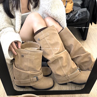 【林阿一】追求品质~西部堆堆靴女褶皱裤管长短靴复古骑士马丁靴