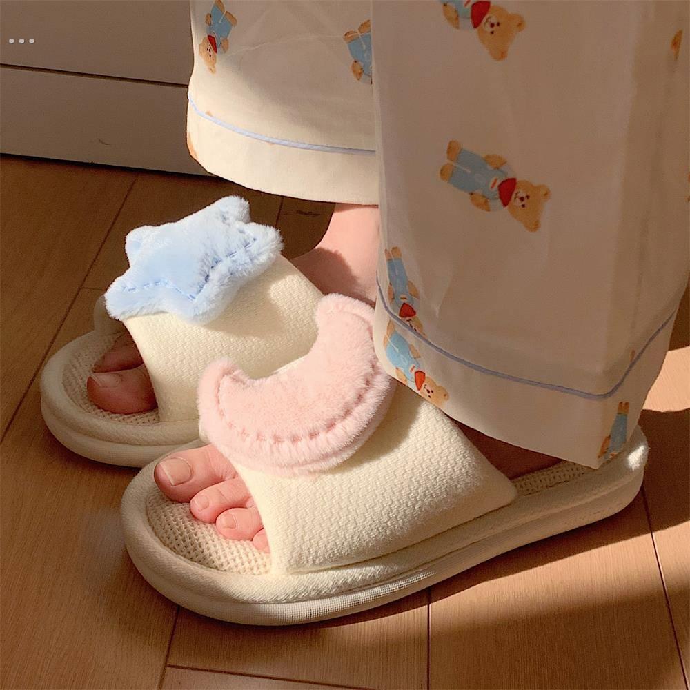 薄条星月亚麻拖鞋女四季家防滑吸汗可爱的少女心地板鞋