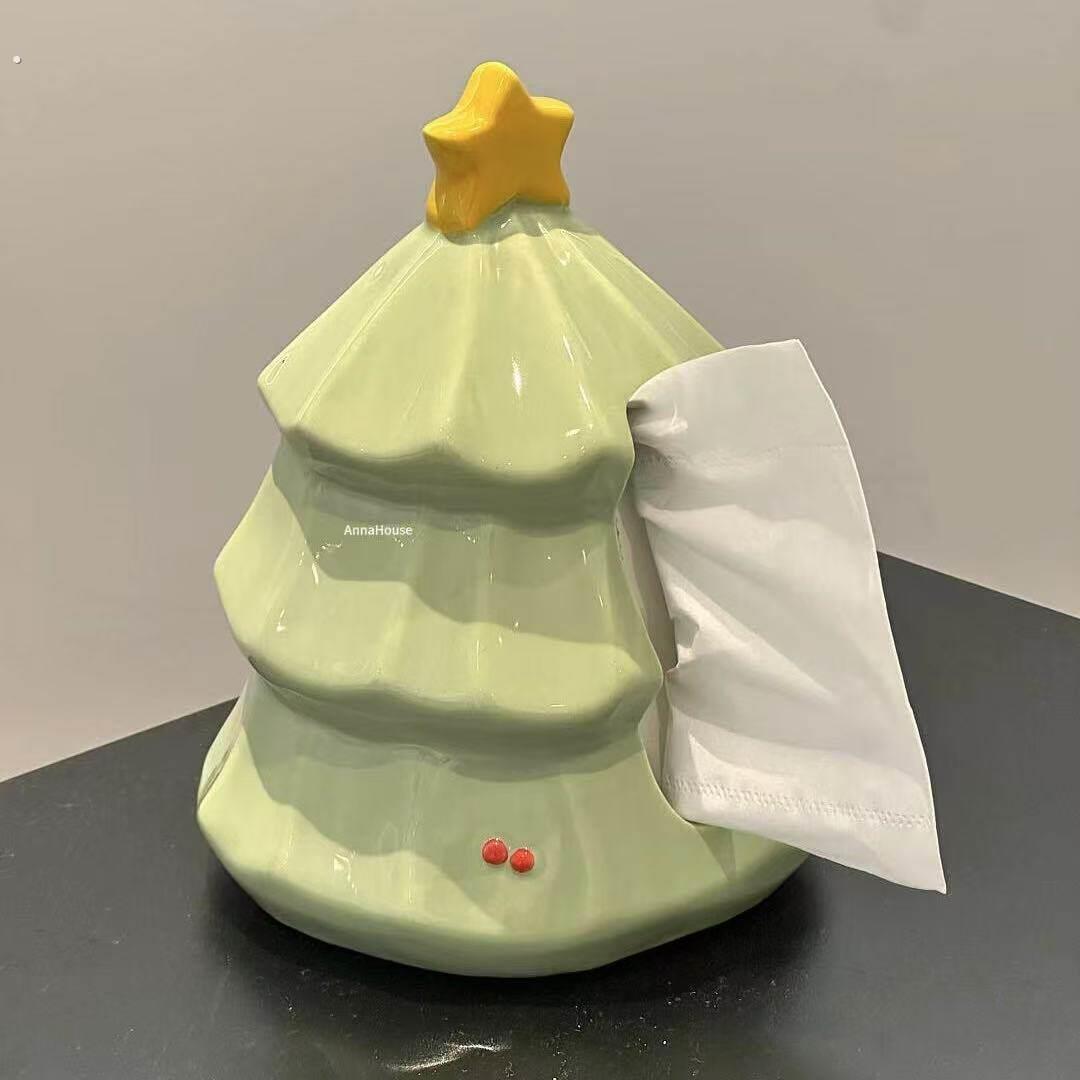 可爱耶诞树桌面纸巾盒陶瓷抽取式卫生纸纸巾盒高颜值创意抽取式卫