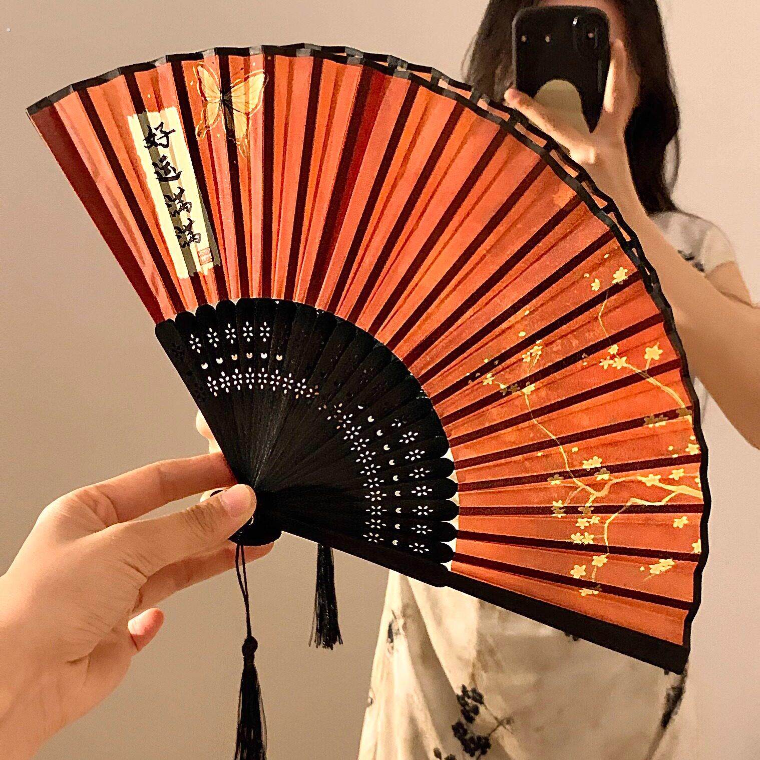 新中式古风折叠扇子女夏天可携式随身汉服旗袍舞蹈专用红色国风竹