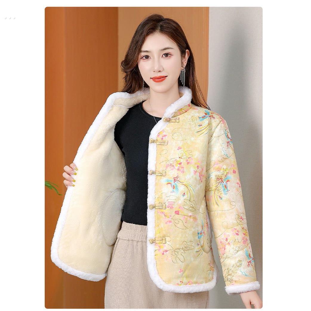 冬季网红国风加厚新款中式棉袄棉衣加绒复古鹿皮棉服盘扣外套绣花