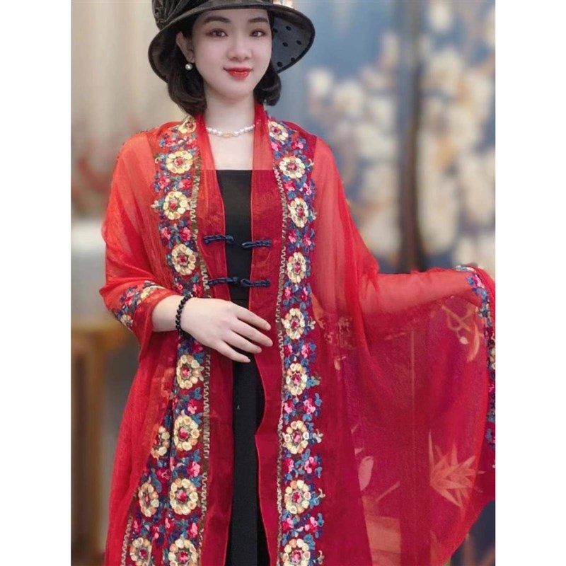 2024夏季新款琉璃纱刺绣披肩女时尚洋气遮阳防晒拍照丝巾外搭披风