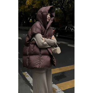 欧货2023新款高级感独特超好看美拉德咖色连帽时尚棉服马甲女秋冬