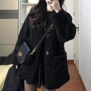 黑色皮毛一体羊羔毛外套女冬宽松加厚高级感百搭小个子毛绒绒大衣