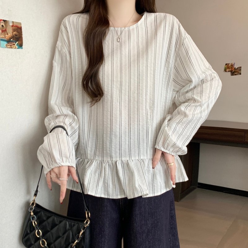 大码胖mm甜美圆领长袖条纹衬衫女春季宽松减龄洋气荷叶边遮肉上衣,女装/女士精品,衬衫,淘宝优惠券,粉丝福利购,淘宝优惠卷