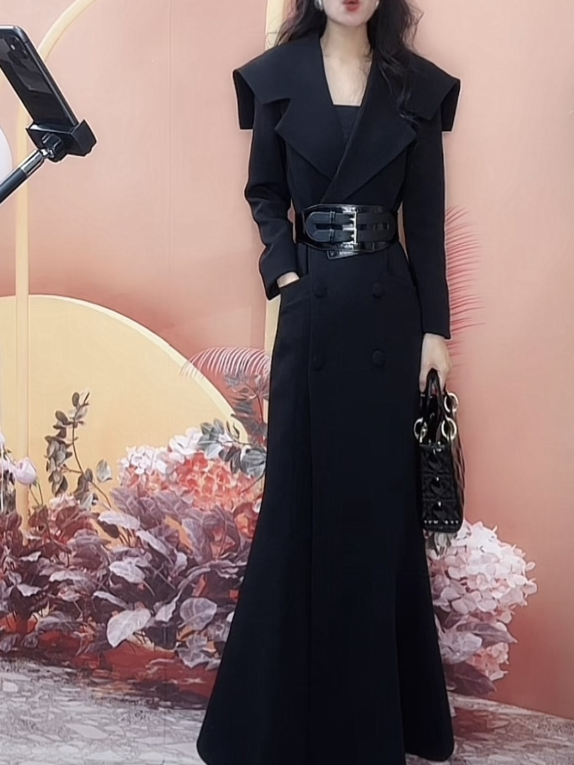 【送腰带】高级感气质黑色风衣式连衣裙秋季新款收腰显瘦鱼尾长裙