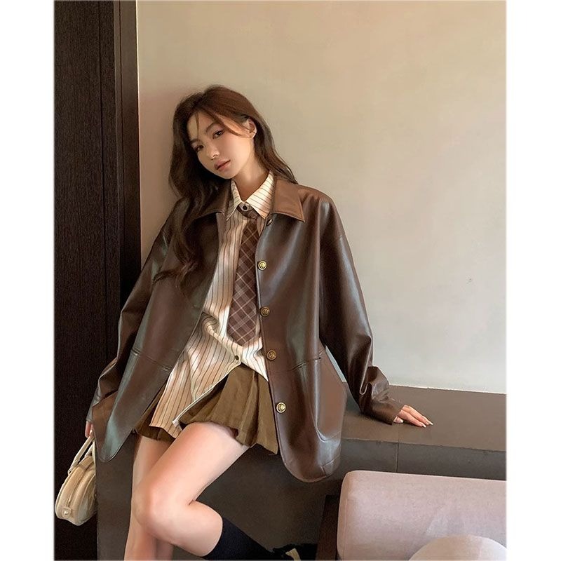 小香风皮衣外套女2023春秋新款韩系复古咖色长袖宽松显瘦pu皮咖色