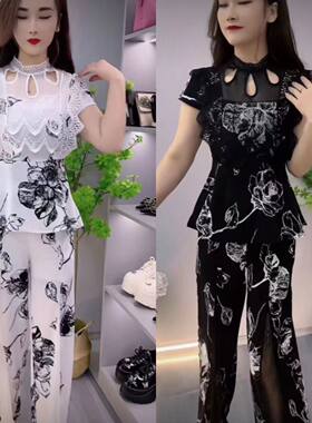 韩版时尚显瘦精致减龄两件套潮女夏季新款蕾丝镂空拼接洋气套装女