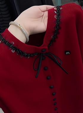 新年红洋气时尚针织开衫秋冬流行穿搭一套新款2025设计感长袖毛衣