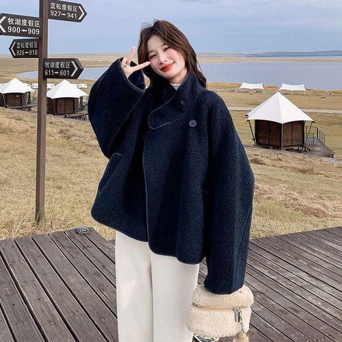 藏青色皮毛一体羊羔毛外套女2025冬季新款显瘦巨好看超火加厚棉服