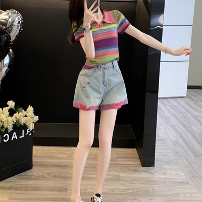 多巴胺休闲运动套装女夏季炸街减龄小个子彩虹上衣牛仔短裤两件套