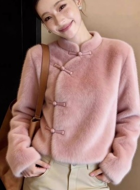 中式立领盘扣纯色百搭长袖毛绒长袖外套女2025冬季新款修身上衣潮