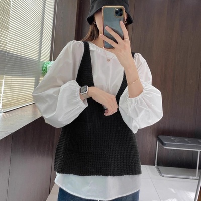 早秋独特超好看套装女2025秋季时尚叠穿针织马甲背心+衬衫两件套