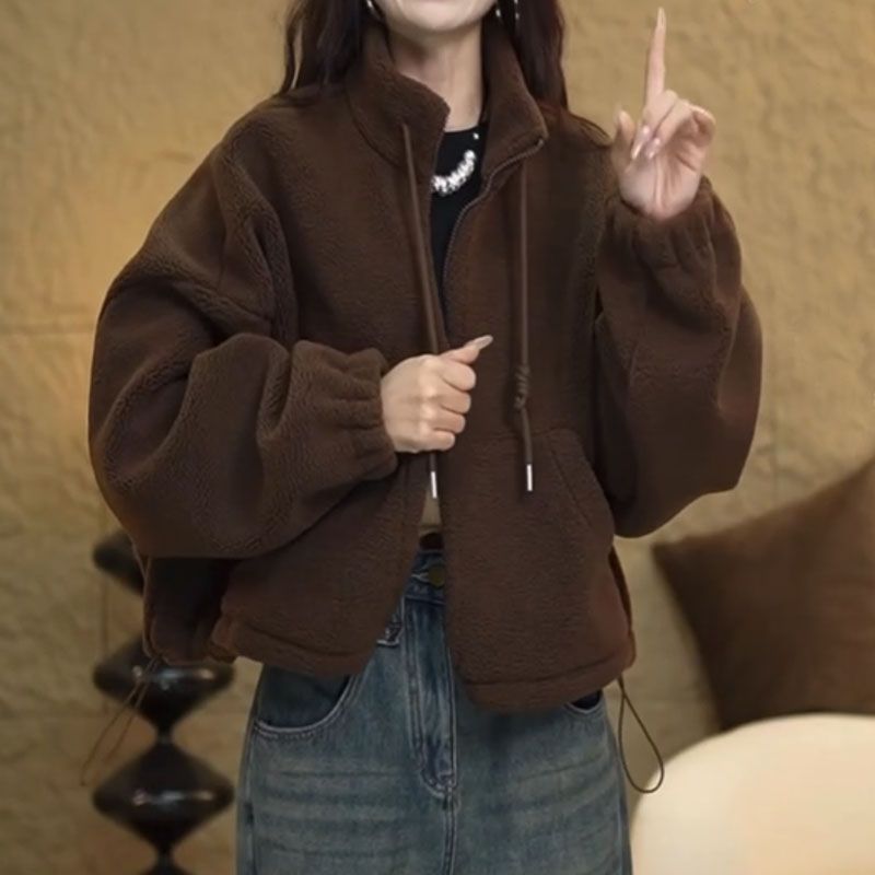美拉德抽绳羊羔绒短外套女秋冬款宽松立领羊羔毛卫衣毛茸茸上衣