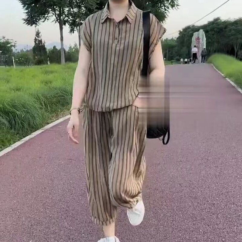 女士条纹套装2024夏季新款小个子气质洋气衬衣宽松时尚休闲两件套
