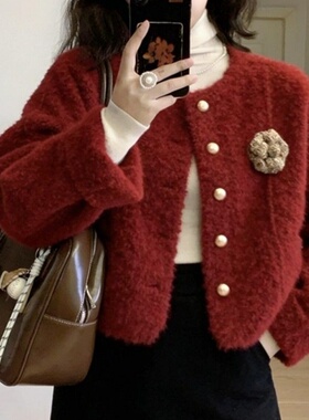 法式小香风圆领单排扣立体花朵长袖外套女2025冬季新款显瘦上衣潮