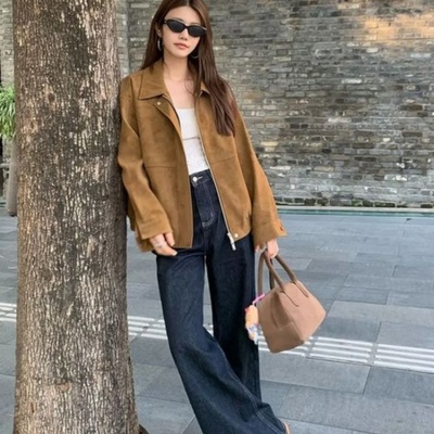 韩式棕色麂皮外套女防风常规款秋季拉链翻领短外套韩版气质新中式
