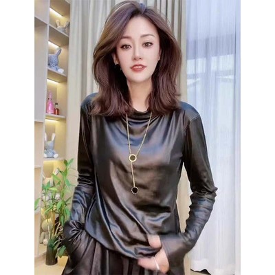 亮面大码欧货重磅新款长袖个性女装高级感小个子单穿上衣洋气潮风