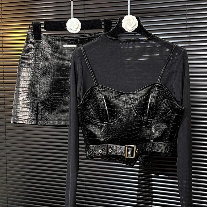 法式辣妹复古时髦皮质修身三件套时尚套装女2025秋季新款套装短裙